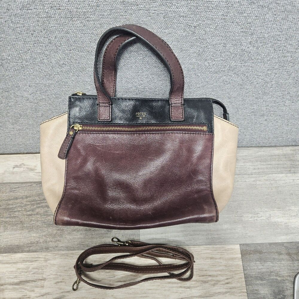 Fossil Tessa Womens Leather Wine Black Tan Bag Satchel